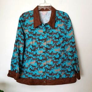 Vintage Toffee Apple Horse Print Jacket, Brown Teal, Cotton, Women's Size XL.